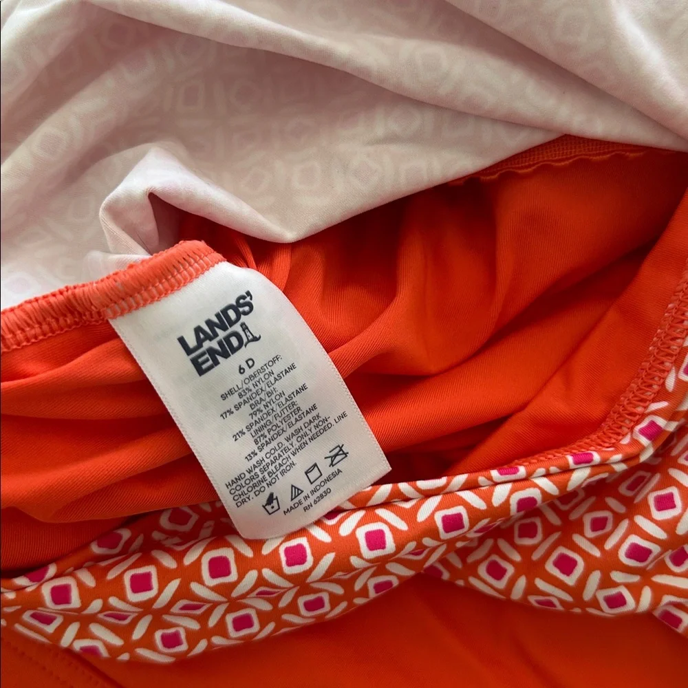 Lands' End Women's Striped Square Neck Tankini Top Orange/White/Coral Pink 6D/8
